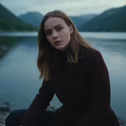 a woman sitting on top of a rock next to a body of water