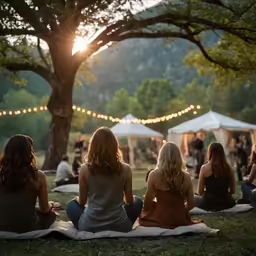 the four women sit in a circle near the trees, and talk with them