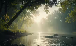 a river surrounded by woods with fog
