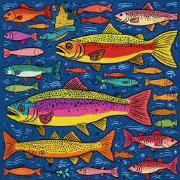 an image of colorful fish in a painting,a colorful background with an assortment of fishes