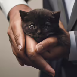 a close - up of a man holding a kitten while wearing a gray suit