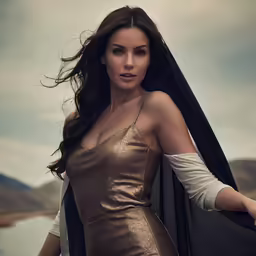 a woman in a gold dress standing near a river