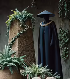 the strange hat and robe are in between two rock formations