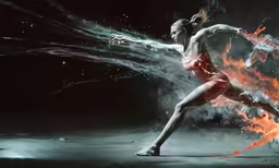 a woman doing fire poses on a dark background