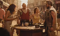 a group of people standing around a table with bottles