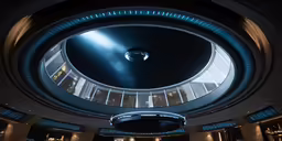the ceiling is circular and has lights on