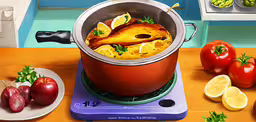 a pot that has some vegetables inside it,a big pot on a table with some fruit in it