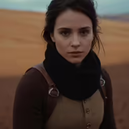 a girl in a scarf looks to the side