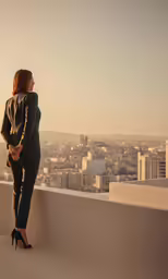 a woman wearing a suit standing on the ledge looking down