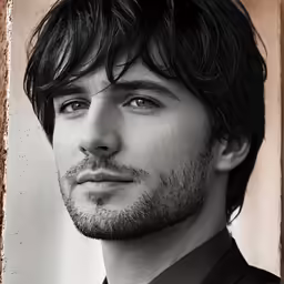 black and white photograph of man with short hair