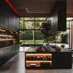 a kitchen with an island, glass windows, and a large window