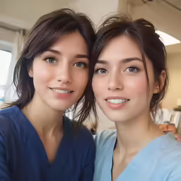 two female dental professionals smiling together at the camera