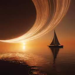 a sail boat on a body of water near a group of rings