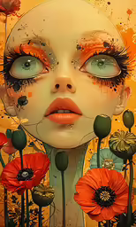 a girl with flower eyes and orange feathers