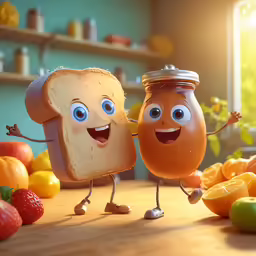 two peanut butter toasters with faces in the kitchen