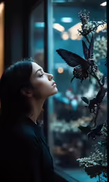a woman stares at a display case of flowers