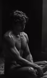 a shirtless young man sits naked on the bed