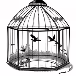 an illustration of birds flying around inside of a cage,a bird in a cage with birds flying around