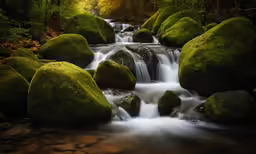 a long exposure photo of a water fall with green moss