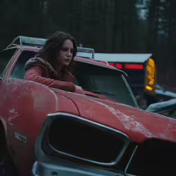 a young woman sitting in a car in the middle of a road