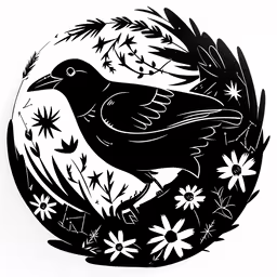 a bird sitting on top of a flower covered circle,black bird silhouette with star spangled wings on it and daisies, grass and stars around it