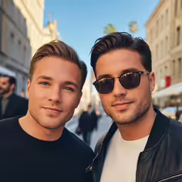 two young men pose together outside in the day
