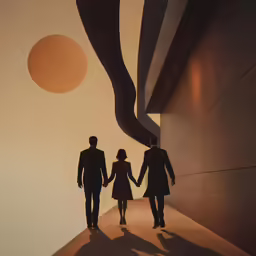 three people walk away from an abstractly rendered, stylized photo