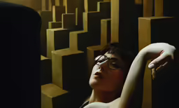 a woman sitting with her hand on a cube wall