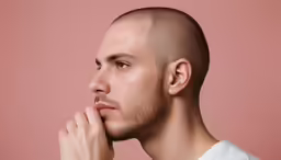 a man is posing with a pink background