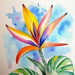 a picture of a flower that has been drawn,a painting of colorful tropical flowers on white paper