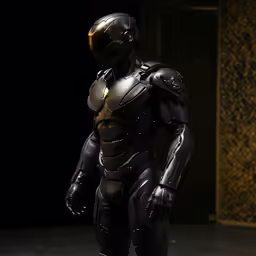 a model wearing a helmet and a suit