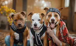 three dogs with bandanas, are standing next to each other