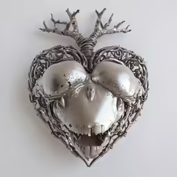 a sculpture made of silver metal with branches on top of it
