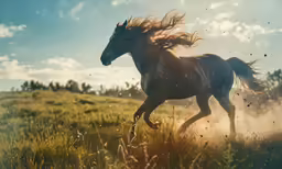 a horse running through some grass with a sky background
