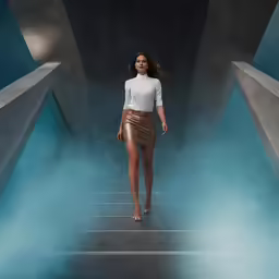 woman walking on a ramp with smoke coming from the floor
