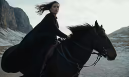 a woman on top of a horse walking along the snow