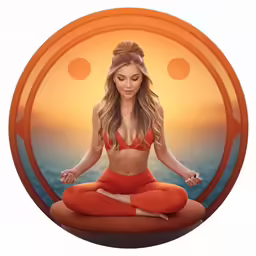 a woman in red is doing yoga in the middle of a circle
