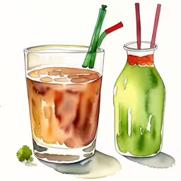 two drink jars one filled with liquid and the other empty,a watercolor and ink drawing of some drinks