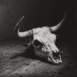 a cow skull on a wooden floor is pictured