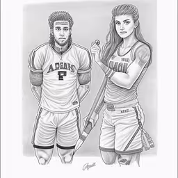 two basketball players with the number 2 on their uniform,a drawing of two lacrosse players, one with a ball,a drawing of a couple in baseball uniforms,this is an artistic drawing of two athletes,a black and white drawing of two athletes