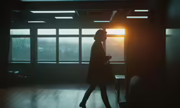 a woman walks inside the dark room