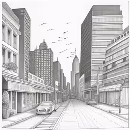 an artistic drawing of a street in a downtown area with high rise buildings,a line drawing of buildings in the middle of a city,a car driving down a street next to tall buildings,this is a drawing of a street that has been drawn,an architectural drawing of a city street with cars driving down it