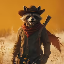 a raccoon wearing a cowboy hat, vest and scarf is standing in a field
