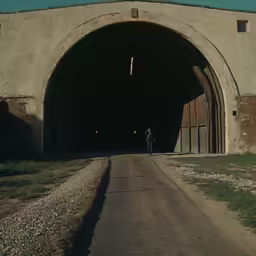 an image of man walking out of a tunnel