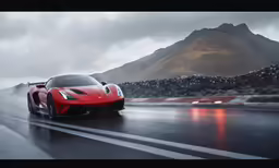 the image shows a red sports car speeding down the road