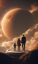 people walking across the desert towards a big moon