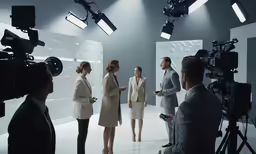 people standing and sitting in front of cameras in an empty room