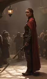 a man with long hair, wearing a red cape and holding a sword stands in a crowded street