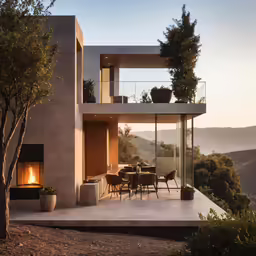 a modern house with a large patio overlooking the hills