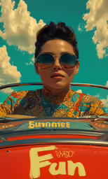 a woman with sunglasses looking over the top of an old car